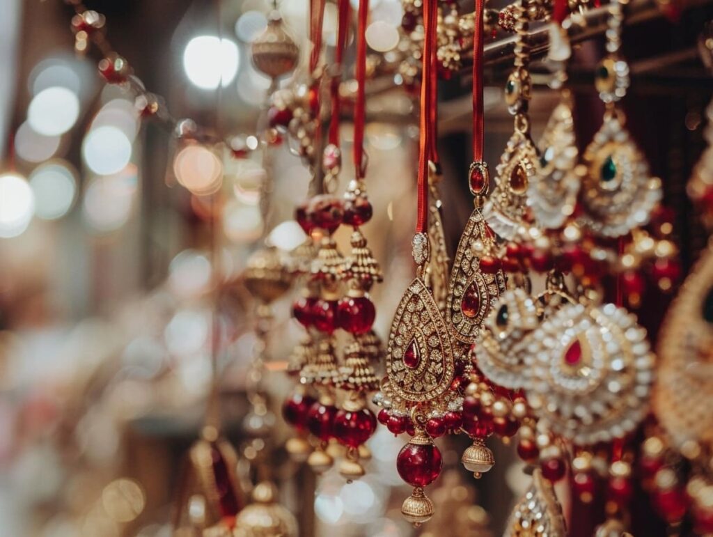 תמונת תקריב של תכשיטי זהב ואבנים יקרות באחד השווקים במומבאי