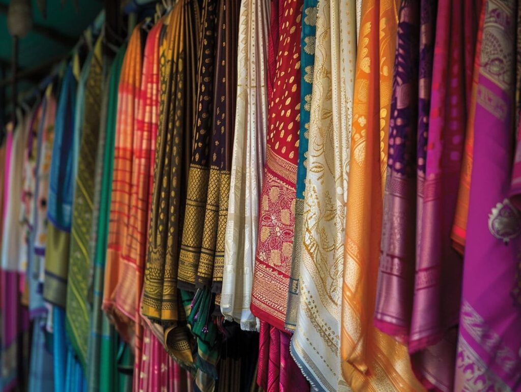 מבחר סארי צבעוניים תלויים בדוכן בשוק Colaba Causway במומבאי