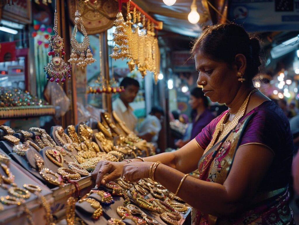תמונה של אישה מקומית במומבאי רוכשת תכשיטים בשוק