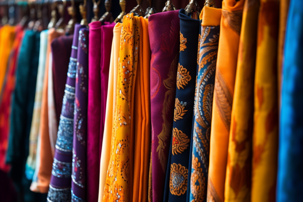 בדים וטקסטיל צבעוניים תלויים לתצוגה בשוק האופנה והטקסטיל - Sarojini Nagar