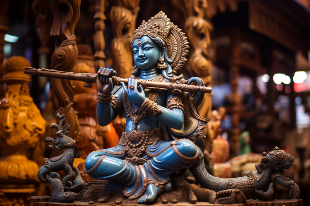 פסל של קרישנה בצבע כחול, אוחז בחליל בחנות מזכרות באחד מהשווקים בדלהי.