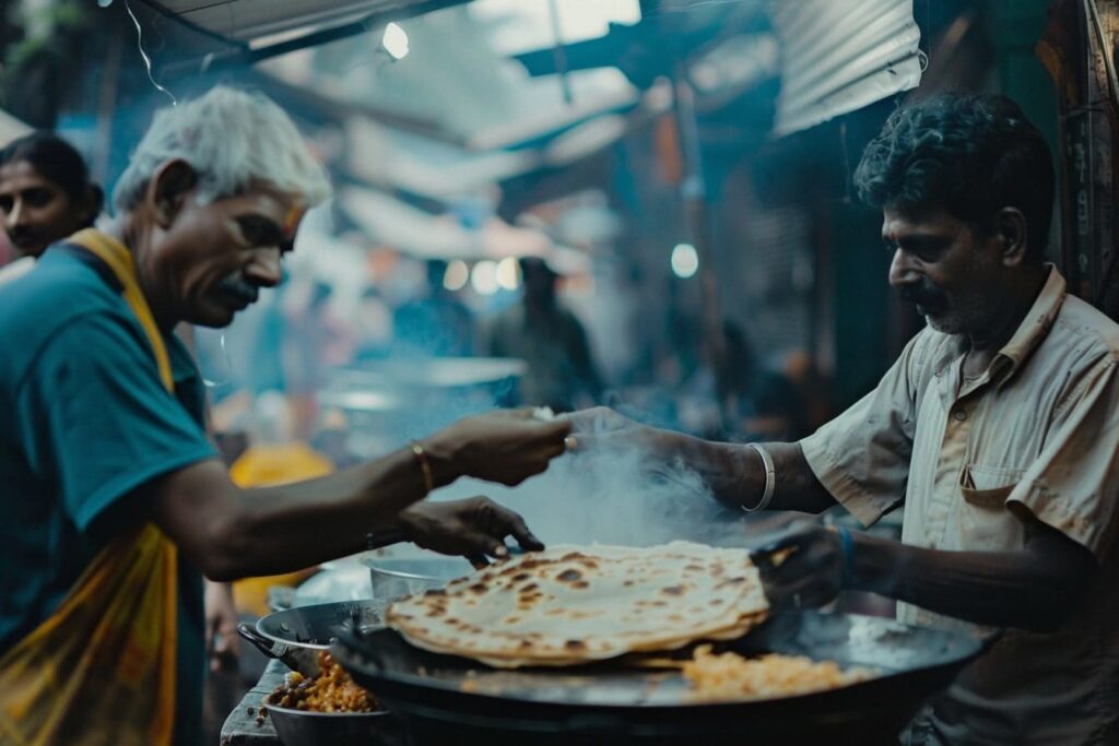 תמונה של מוכר אוכל רחוב בדוכן במומבאי מכין צ'פאטי