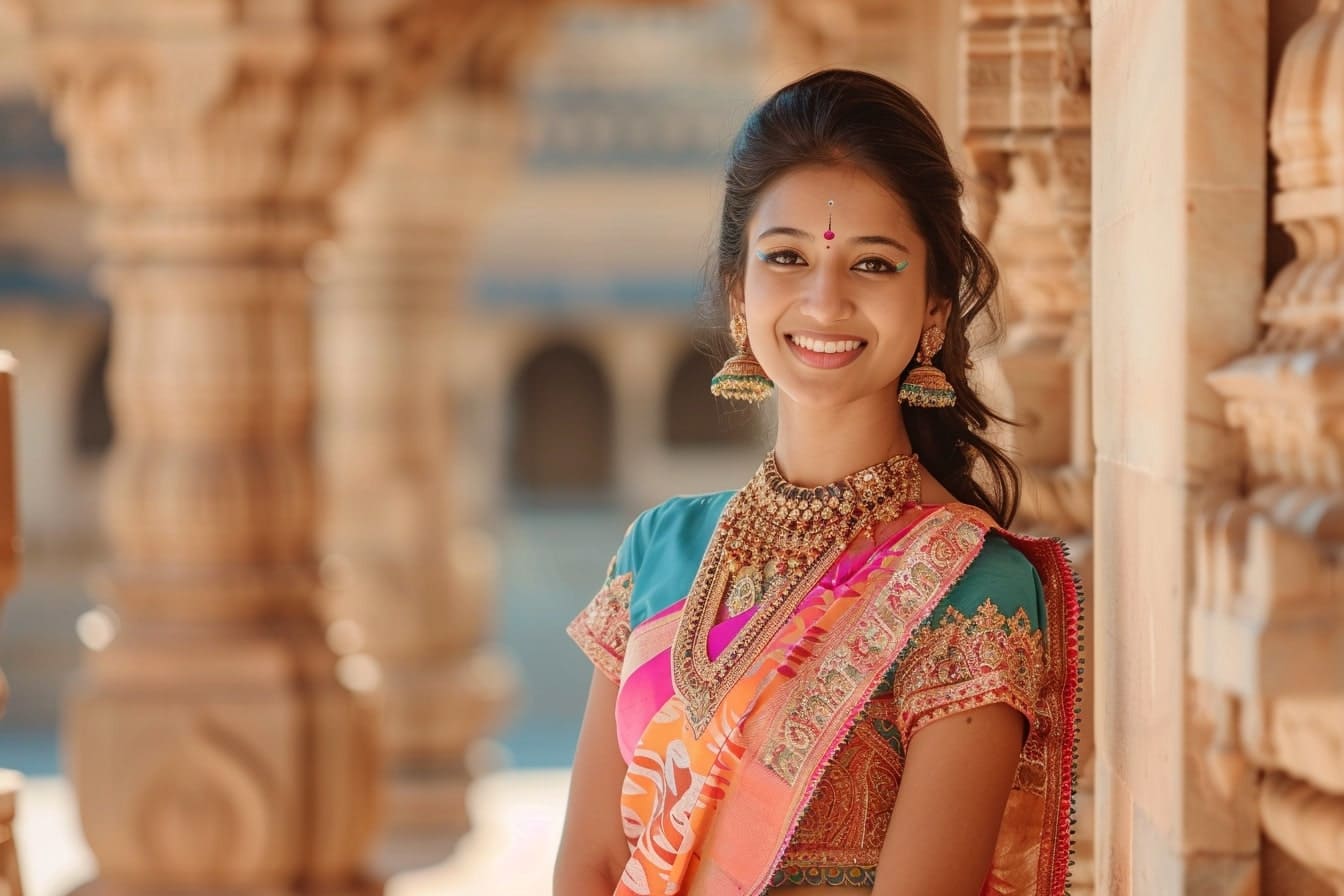 צילום תקריב של אישה הודית צעירה ויפה לבושה בלבוש הודי מסורתי עם סארי. חיוך על הפנים.