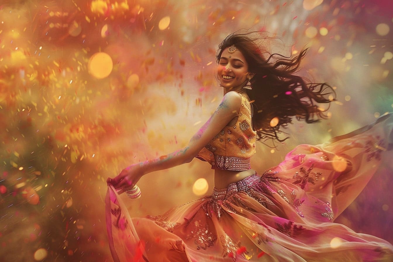 תמונה של נערה הודית צעירה רוקדת במהלך חגיגות ההולי בהודו