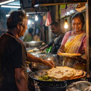 תמונה של דוכן אוכל רחוב במומבאי בשעות הערב