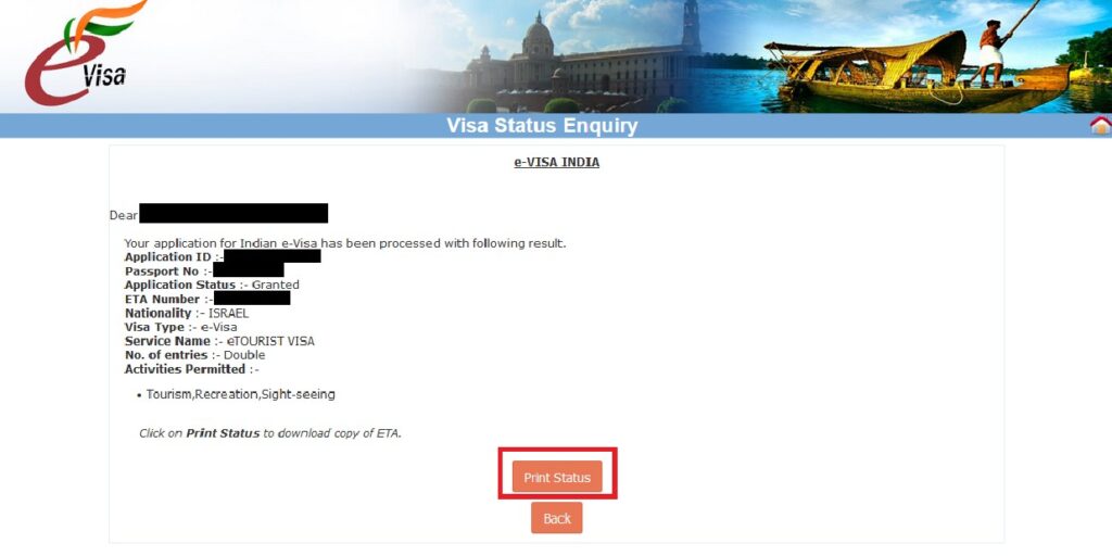 צילום מסך מהעמוד שבו מורידים את הויזה להודו מהאתר ההודי הרשמי